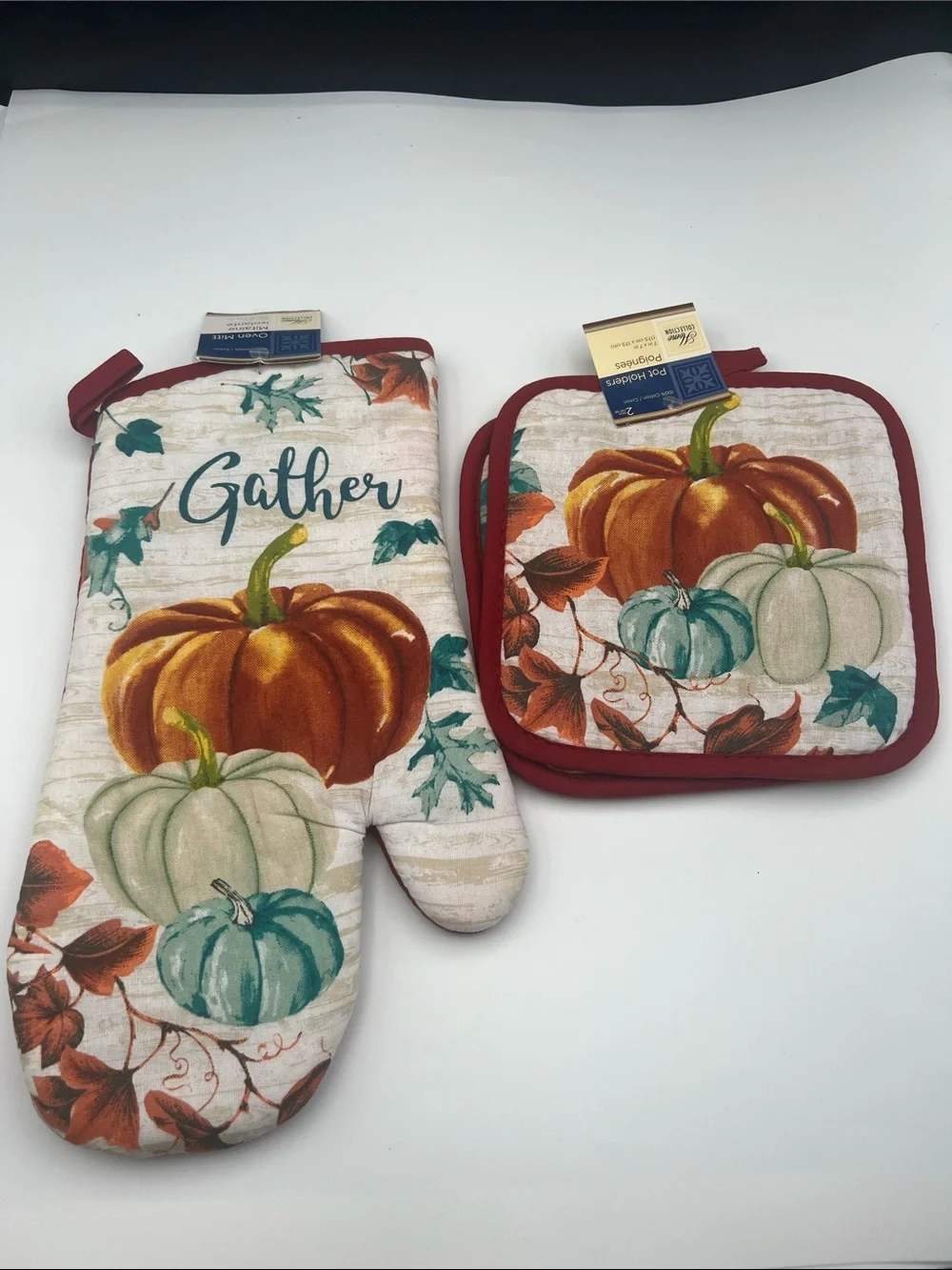 Home Collection Pumpkin Oven Mitt and Pot Holder Set - Orange & Teal